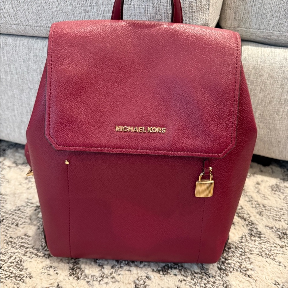 Michael Kors Wine Leather Backpack with Gold Hardware